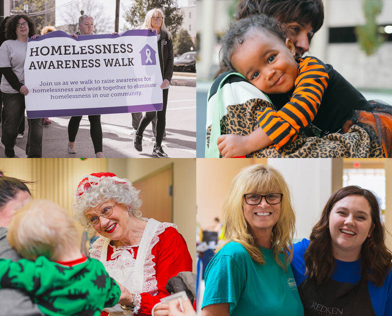 Homeless Awareness Walk. Four images of volunteers walking, caring for children, and helping serve