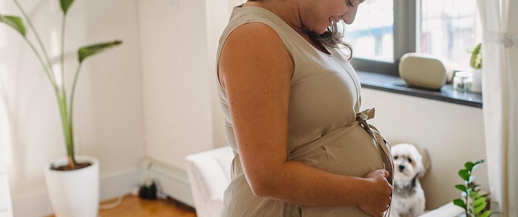 A pregnant woman holds her belly in the foreground. Her dog watches from a daybed in the background