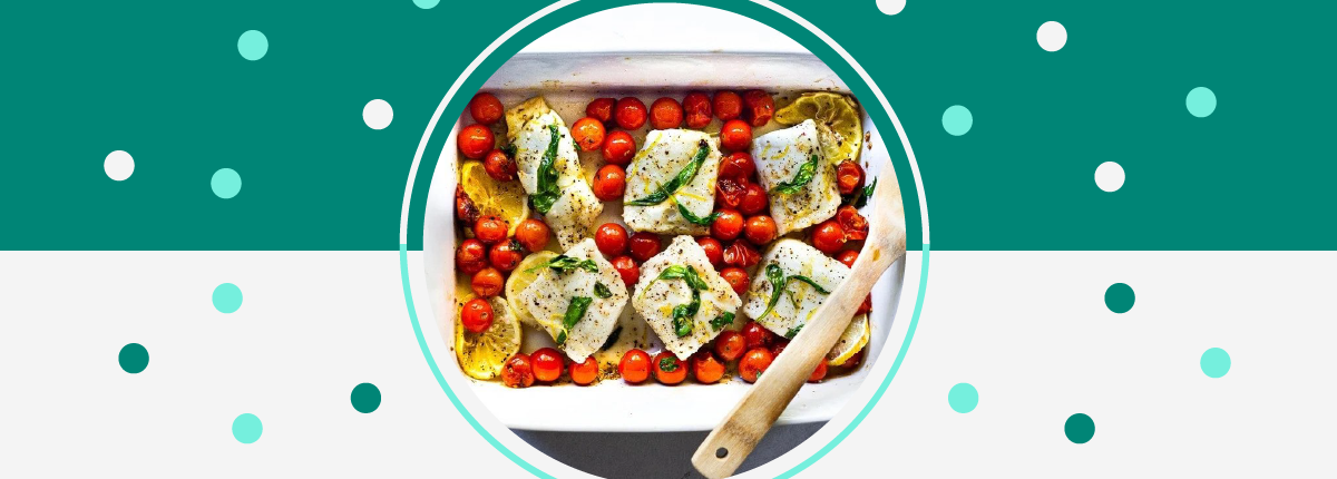 Baked cod with roasted cherry tomatoes and basil - healthy recipes