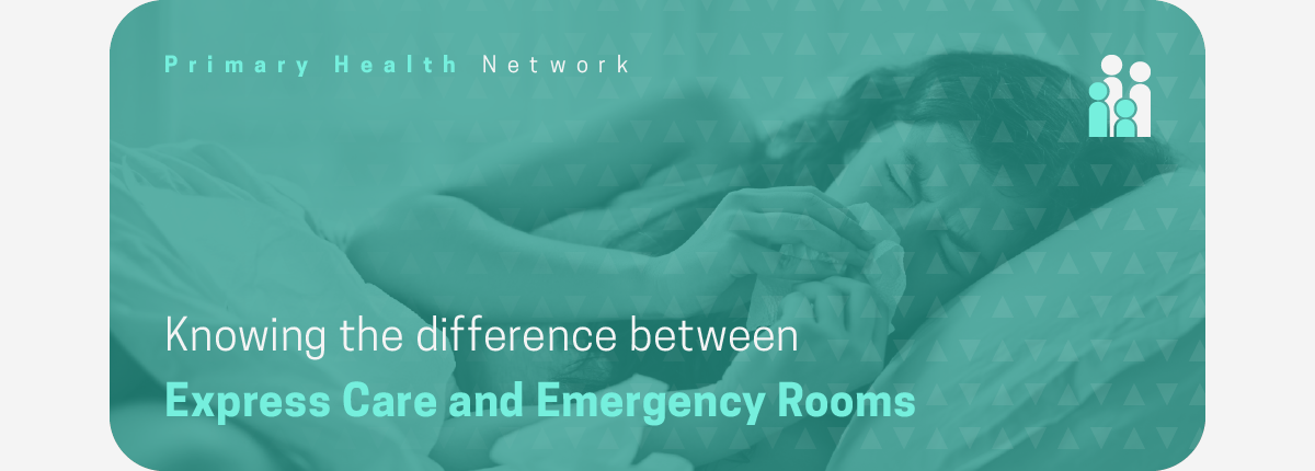 Knowing the difference between express care and emergency rooms, over an ill woman laying down