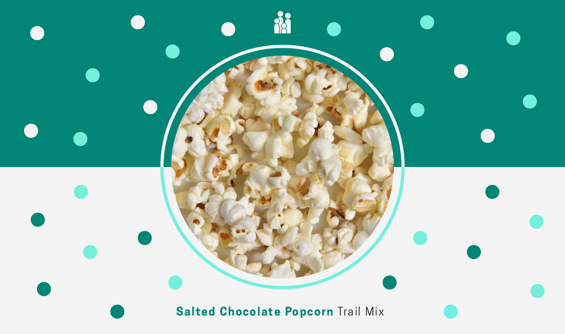 Photo of popcorn pieces on a green and white background and text "Salted Chocolate Popcorn Mix"