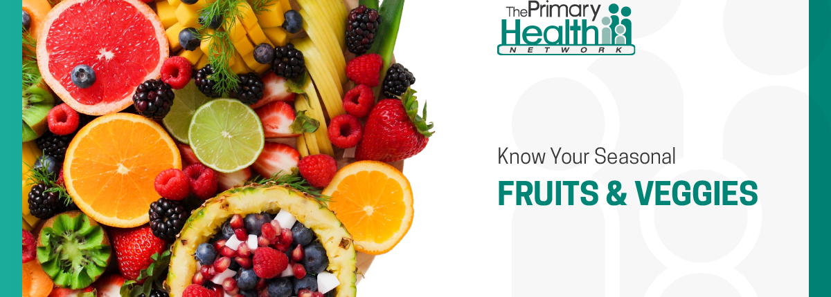 Pile of cut fruits beside Primary Health Network logo and text "Know Your Seasonal Fruits & Veggies"