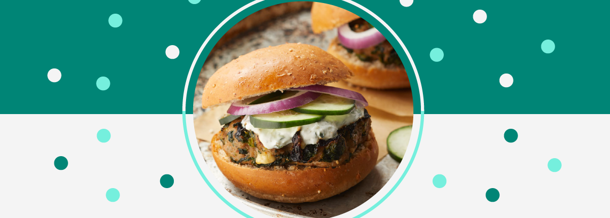 Turkey burgers with spinach, feta cheese, and tzatziki sauce