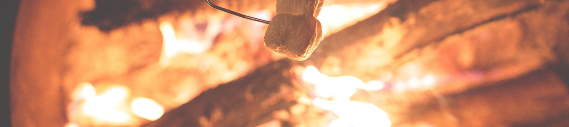 Close-up of two marshmallows on a roasting stick with a blurry campfire in the background