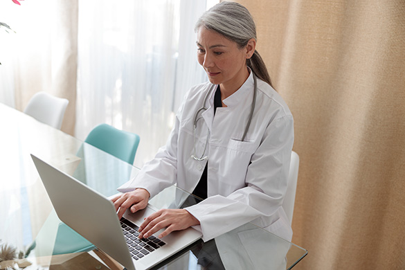 Female doctor in uniform sitting at a glass table and typing on laptop. 