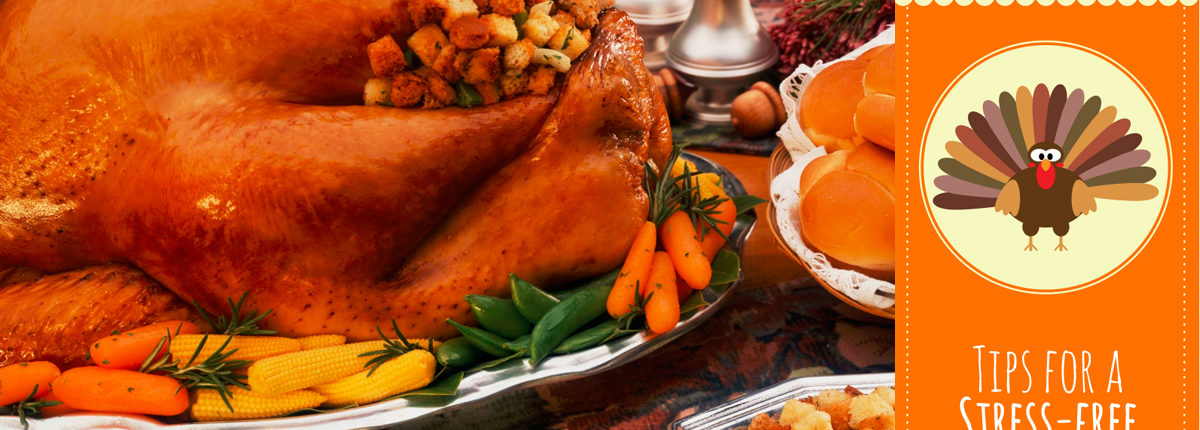 A cooked turkey on a platter surrounded by vegetables. Text reads "Tips for a Stress-Free"