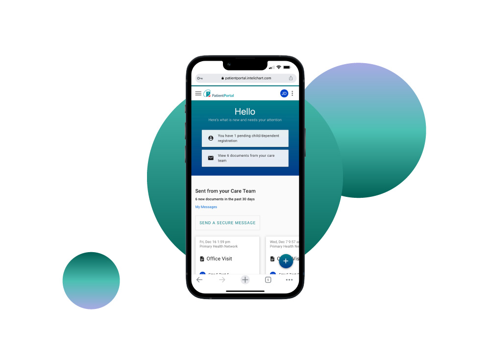 PHN Patient Portal dashboard on a mobile phone