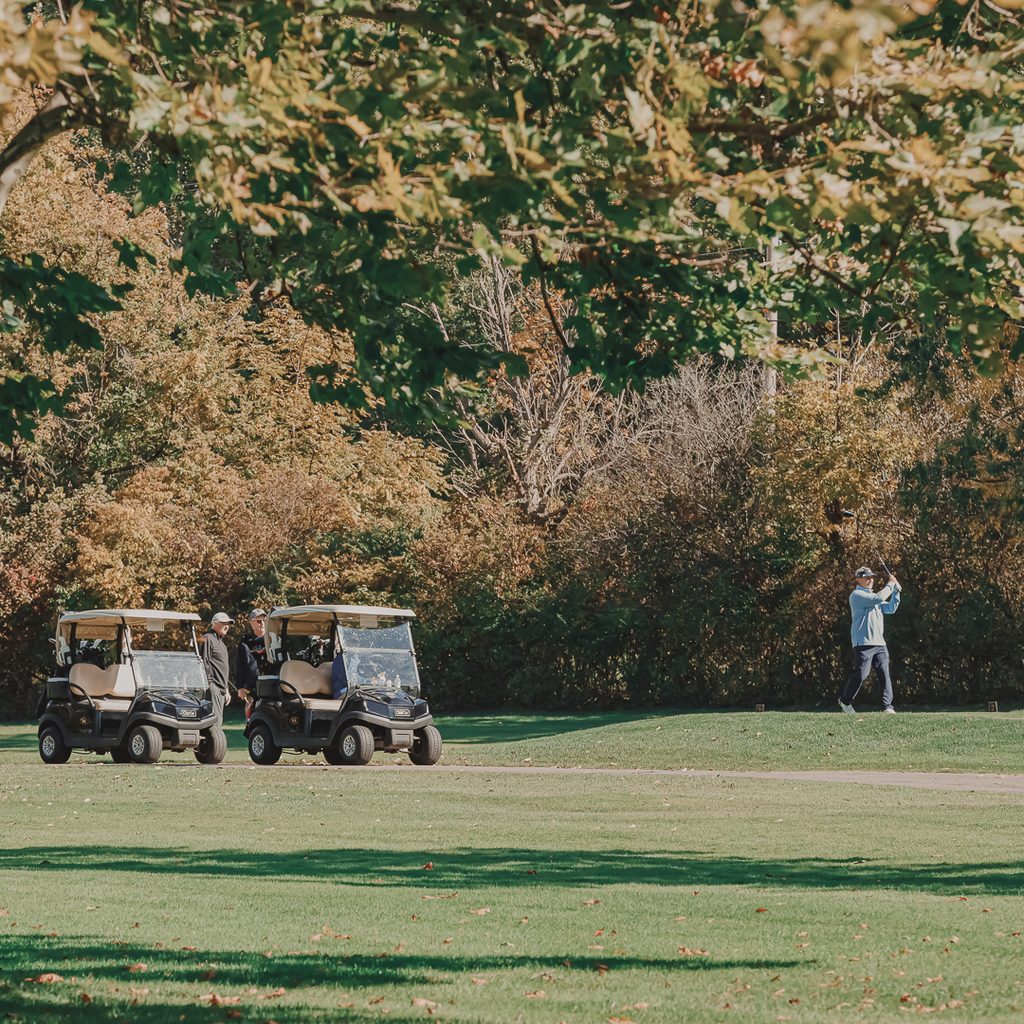 Two golf carts with a golf hitting from the fairway