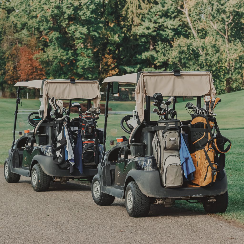 Two golf carts facing away from the camers