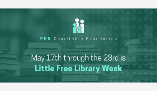 Graphic stating May 17th through the 23rd is Little Free Library Week with an image of books stacked in the background.