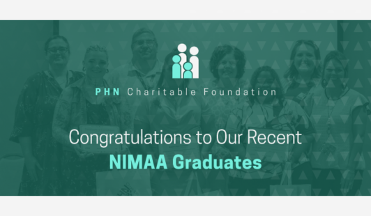 Graphic stating Congratulations to Our Recent NIMAA Graduates with a photo of a group of people in the background