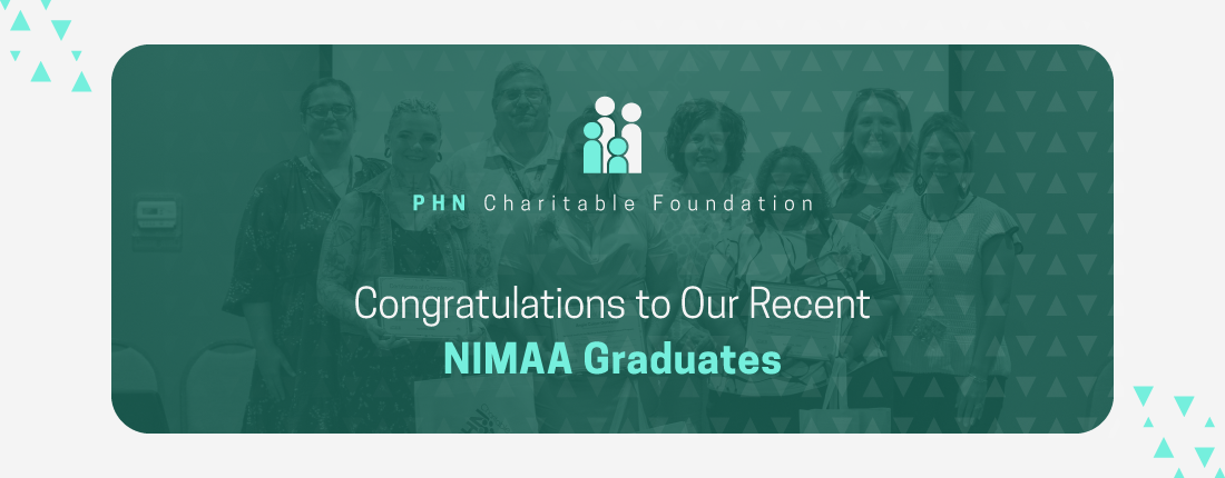 Graphic stating Congratulations to Our Recent NIMAA Graduates with a photo of a group of people in the background