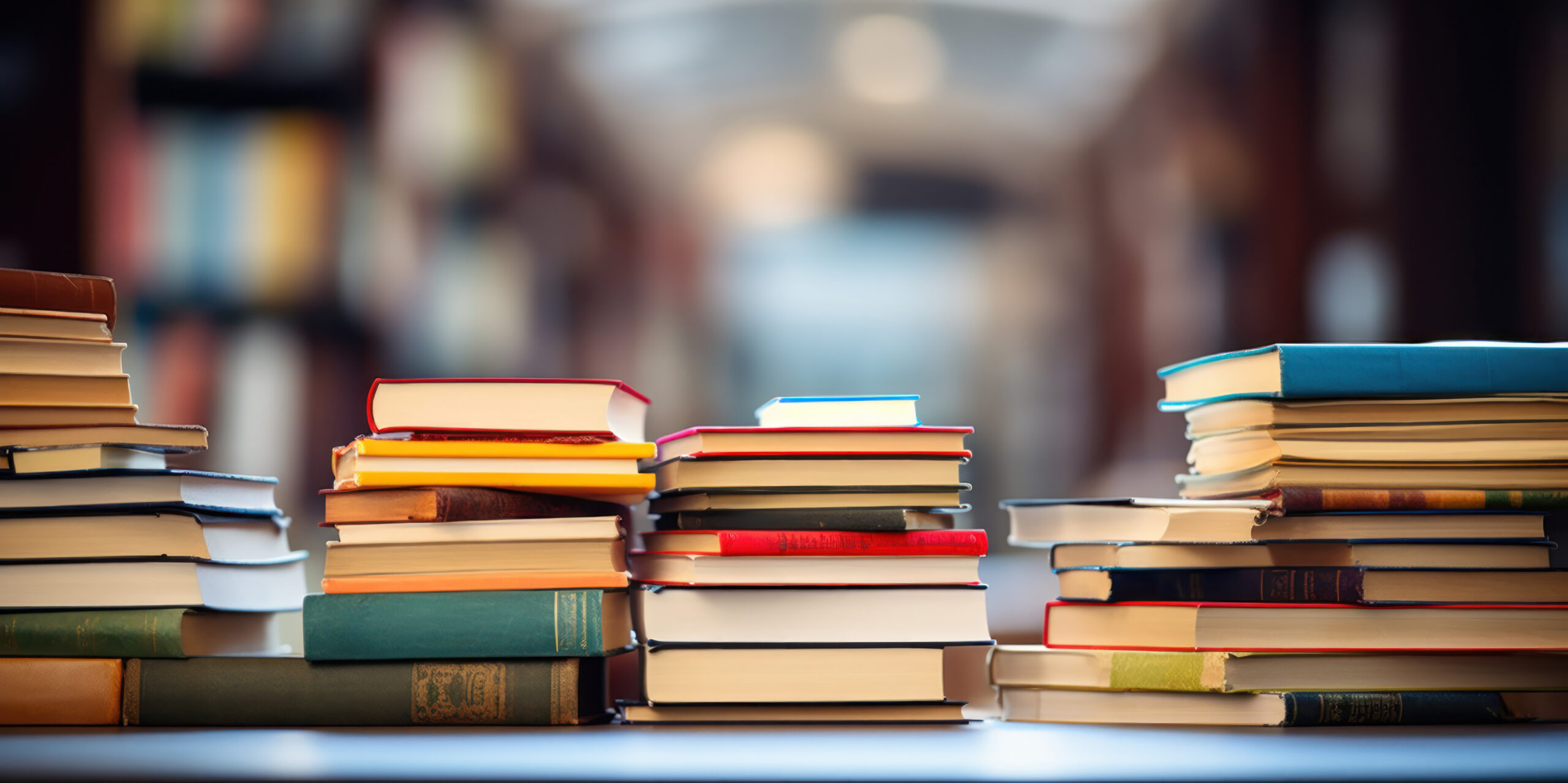 A stack of books with a library scene behind them.