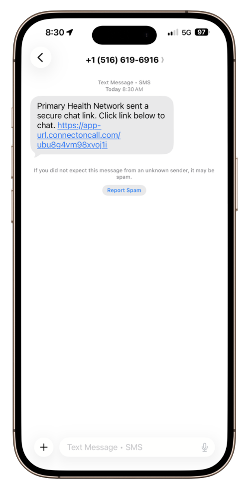 Example text message from Primary Health Network showing a secure chat link sent to a patient for care coordination and communication.